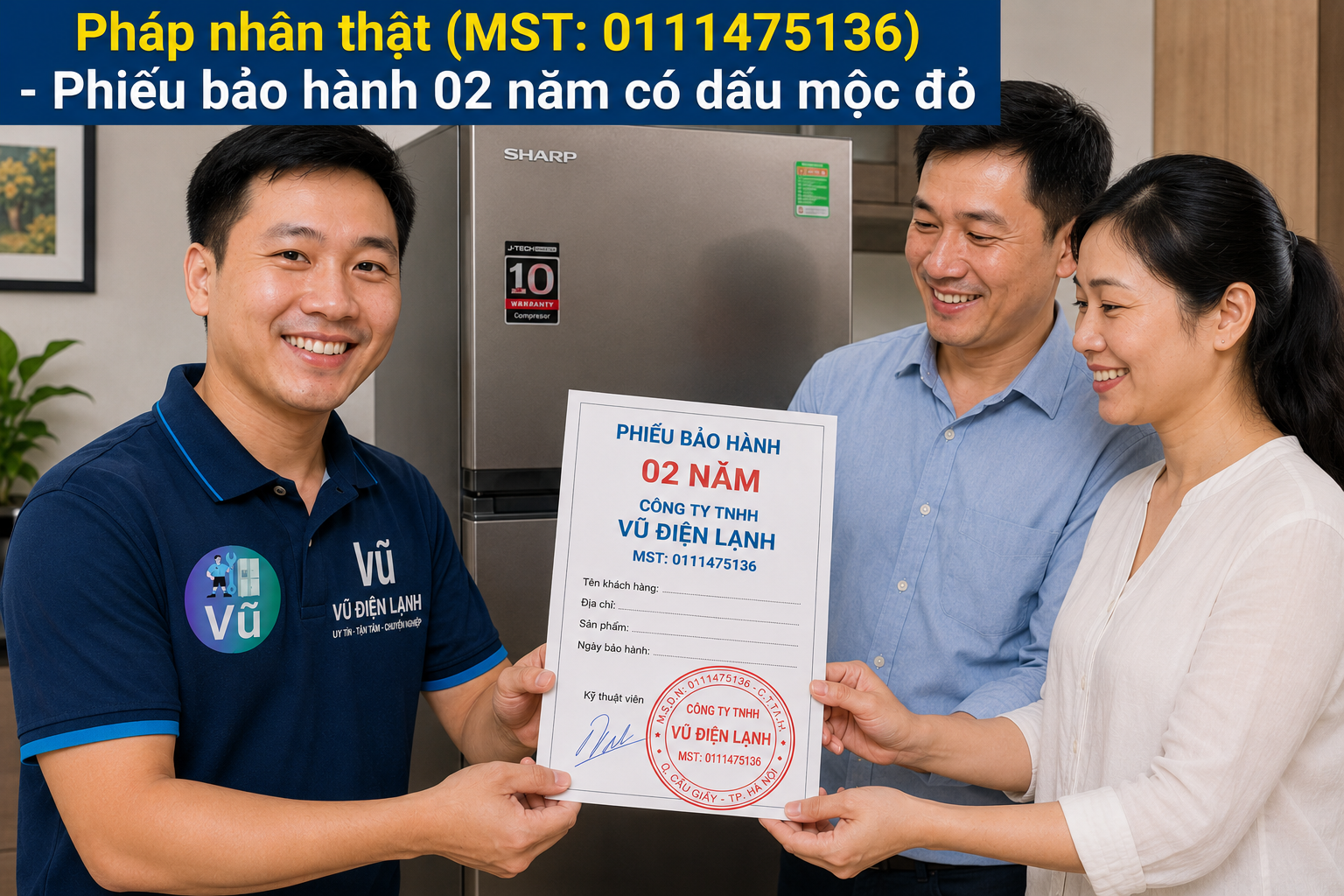 Khách hàng nhận phiếu bảo hành 02 năm có đóng dấu mộc đỏ pháp nhân của Vũ Điện Lạnh sau khi sửa dứt điểm lỗi tủ lạnh Sharp.
