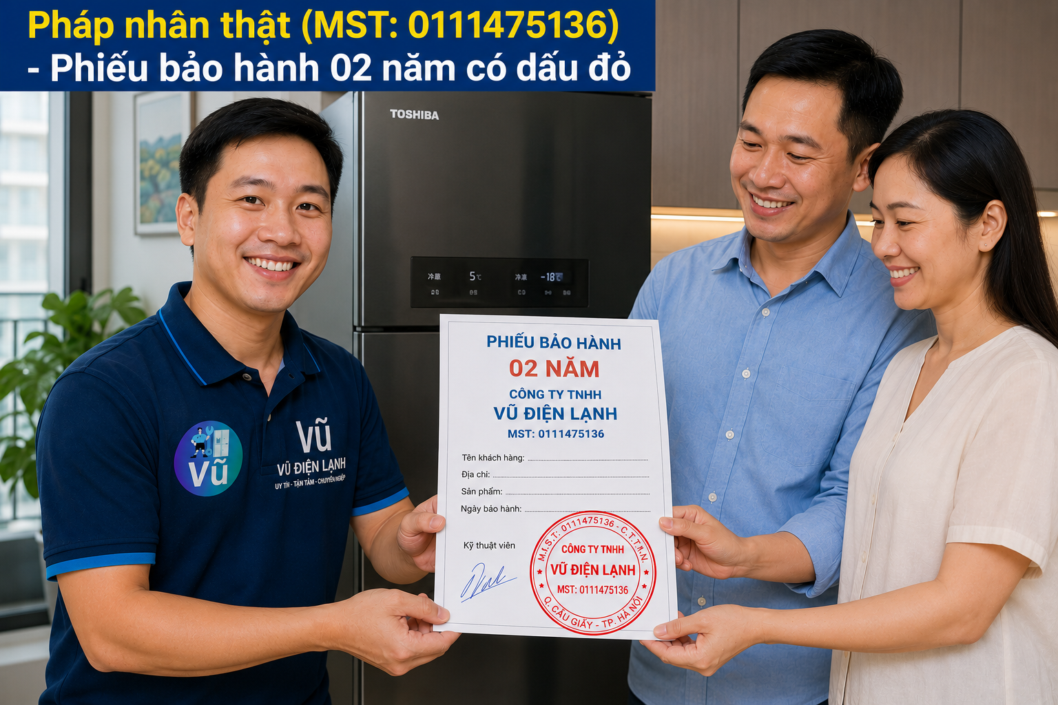 Khách hàng nhận phiếu bảo hành 02 năm có đóng dấu mộc đỏ pháp nhân của Vũ Điện Lạnh sau khi sửa dứt điểm mã lỗi tủ lạnh Toshiba.