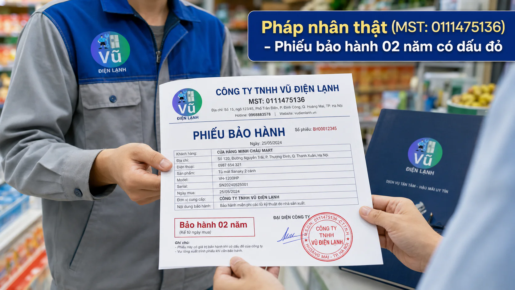 Quản lý cửa hàng nhận phiếu bảo hành 02 năm có đóng dấu mộc đỏ pháp nhân của Công ty TNHH Vũ Điện Lạnh sau khi sửa xong tủ đông.