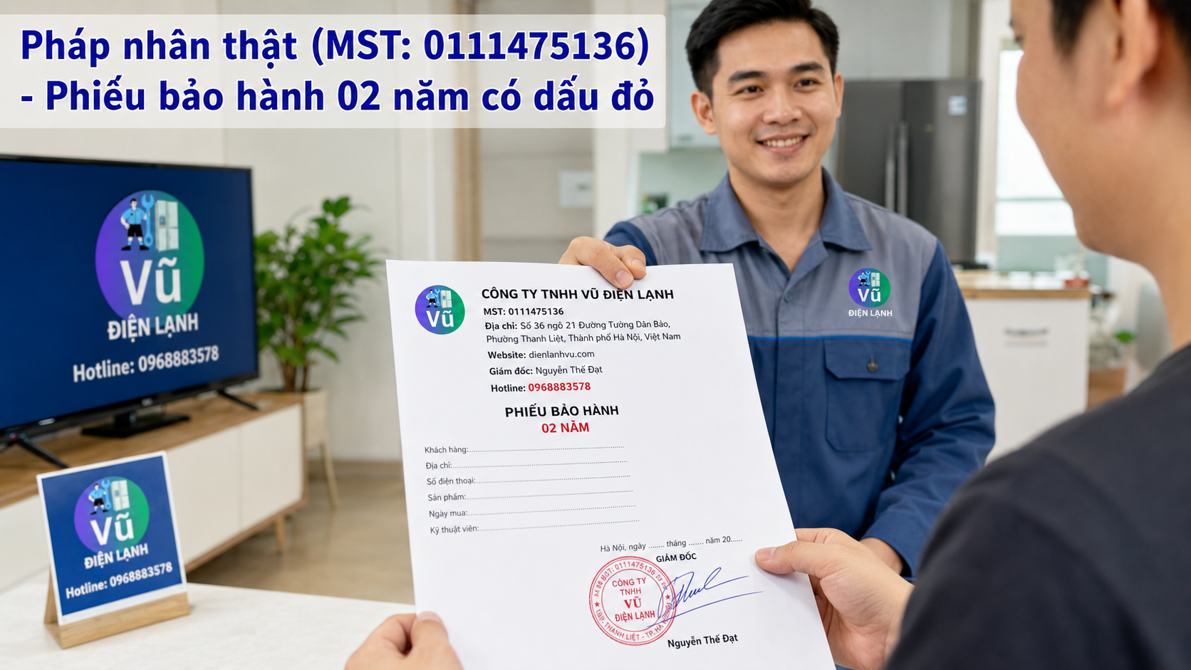 Khách hàng nhận phiếu bảo hành 02 năm có đóng dấu mộc đỏ pháp nhân của Công ty TNHH Vũ Điện Lạnh sau khi sửa xong tủ lạnh Bosch.