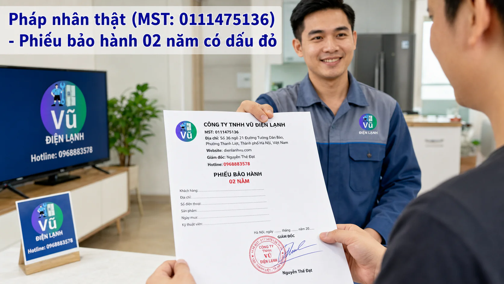 Khách hàng nhận phiếu bảo hành 02 năm có đóng dấu mộc đỏ pháp nhân của Công ty TNHH Vũ Điện Lạnh sau khi sửa xong tủ lạnh Bosch.