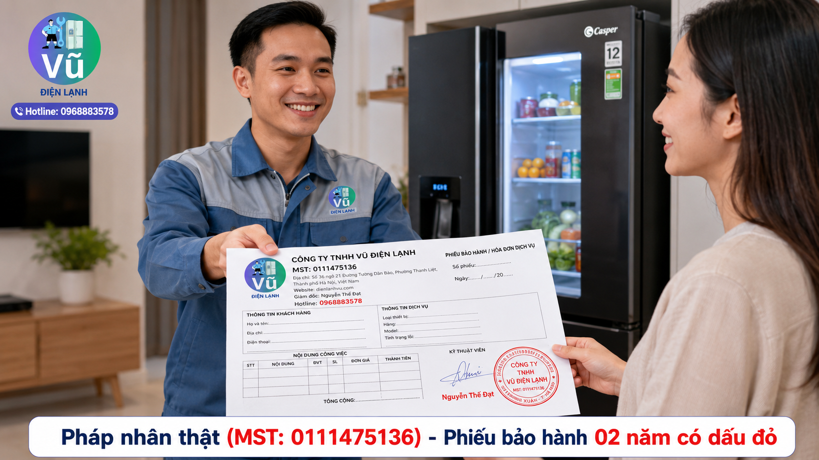 Khách hàng nhận phiếu bảo hành 02 năm có đóng dấu mộc đỏ pháp nhân của Công ty TNHH Vũ Điện Lạnh sau khi sửa xong tủ lạnh Casper.