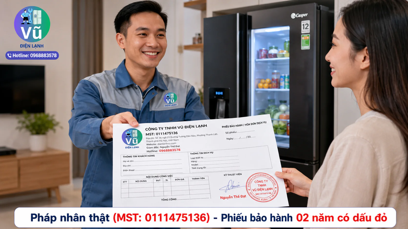 Khách hàng nhận phiếu bảo hành 02 năm có đóng dấu mộc đỏ pháp nhân của Công ty TNHH Vũ Điện Lạnh sau khi sửa xong tủ lạnh Casper.