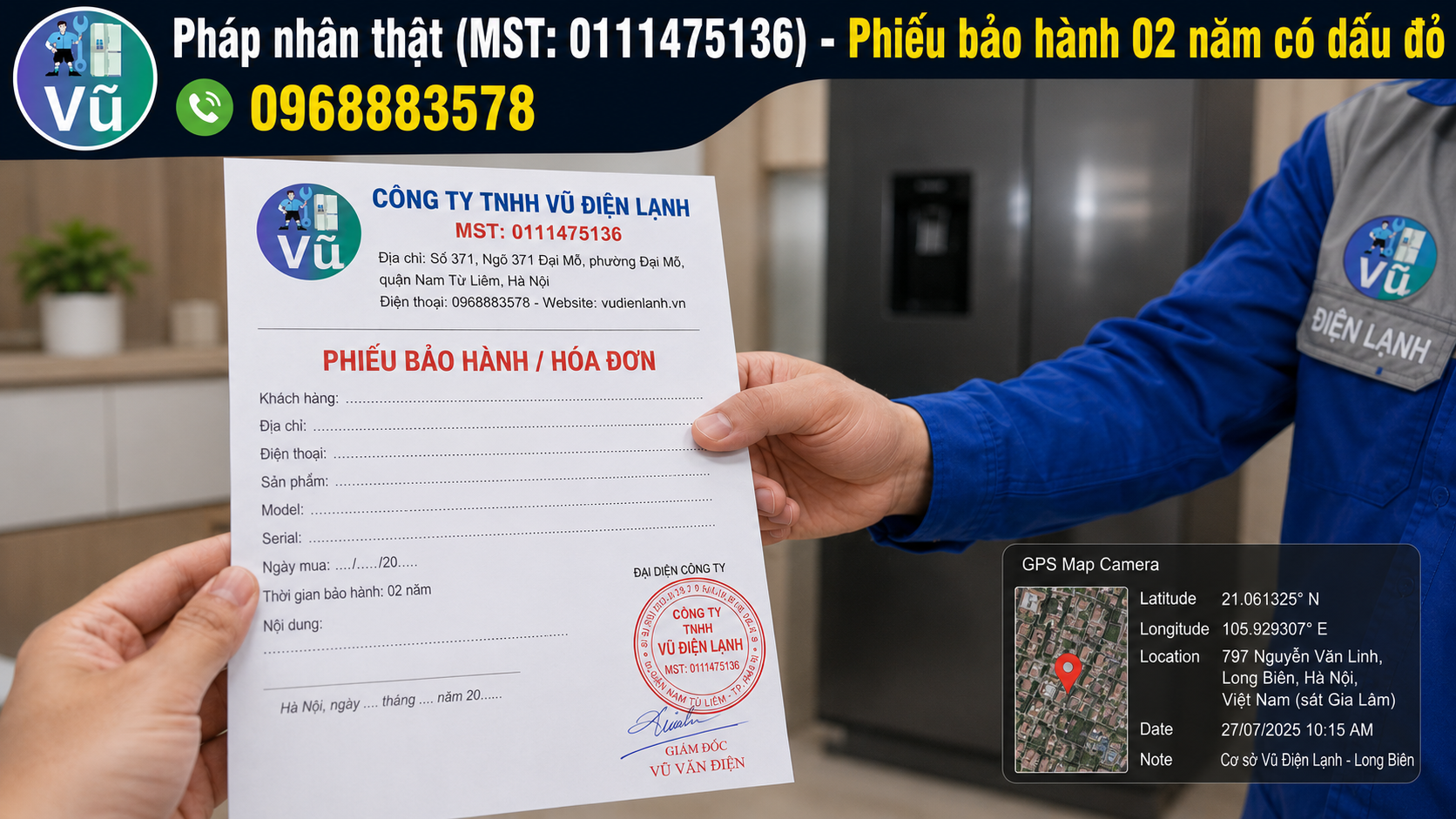 Khách hàng nhận phiếu bảo hành 02 năm có đóng dấu mộc đỏ pháp nhân của Công ty TNHH Vũ Điện Lạnh sau khi sửa xong tủ lạnh.