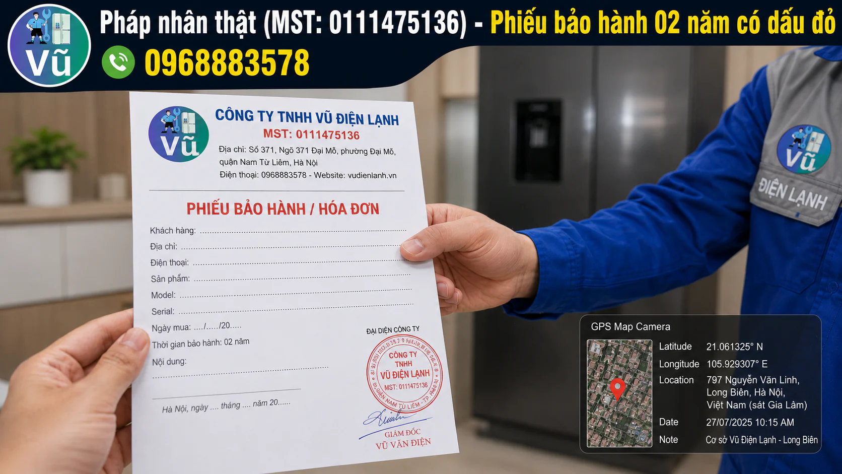 Khách hàng nhận phiếu bảo hành 02 năm có đóng dấu mộc đỏ pháp nhân của Công ty TNHH Vũ Điện Lạnh sau khi sửa xong tủ lạnh.