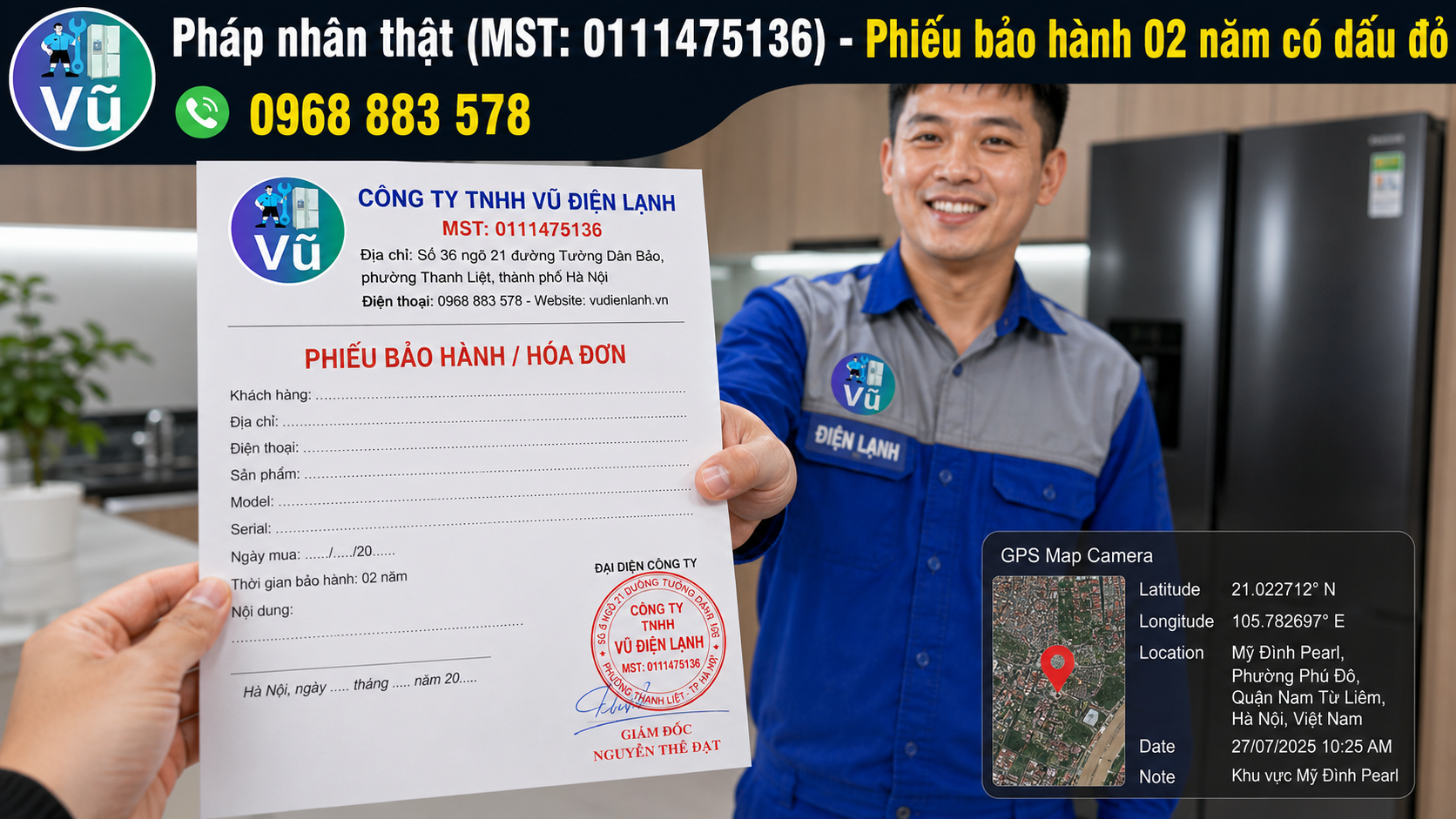 Khách hàng nhận phiếu bảo hành 02 năm có đóng dấu mộc đỏ pháp nhân của Công ty TNHH Vũ Điện Lạnh sau khi sửa xong tủ lạnh.
