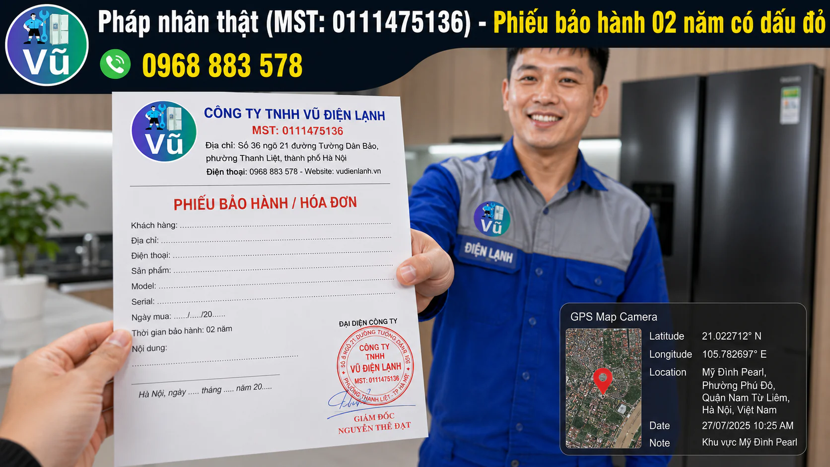 Khách hàng nhận phiếu bảo hành 02 năm có đóng dấu mộc đỏ pháp nhân của Công ty TNHH Vũ Điện Lạnh sau khi sửa xong tủ lạnh.