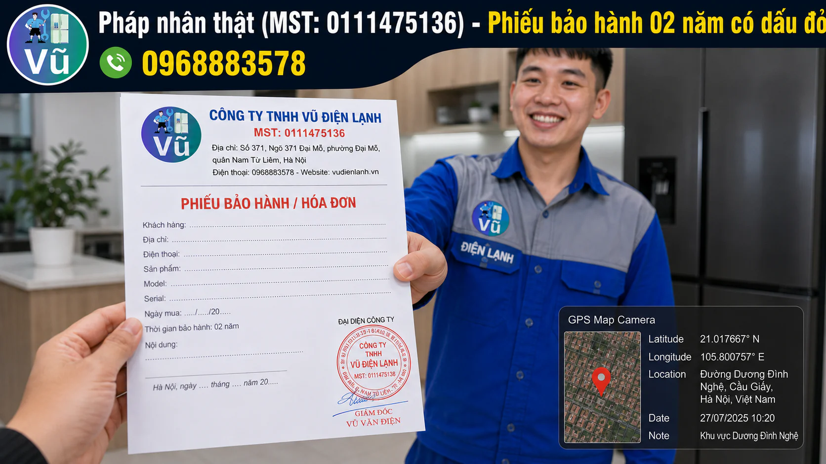 Khách hàng nhận phiếu bảo hành 02 năm có đóng dấu mộc đỏ pháp nhân của Công ty TNHH Vũ Điện Lạnh sau khi sửa xong tủ lạnh.