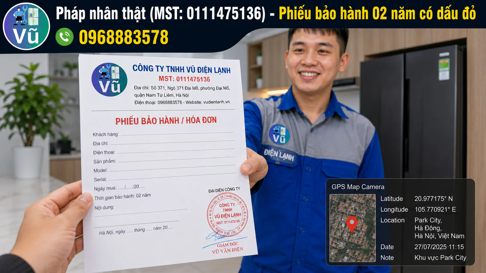Khách hàng nhận phiếu bảo hành 02 năm có đóng dấu mộc đỏ pháp nhân của Công ty TNHH Vũ Điện Lạnh sau khi sửa xong tủ lạnh.