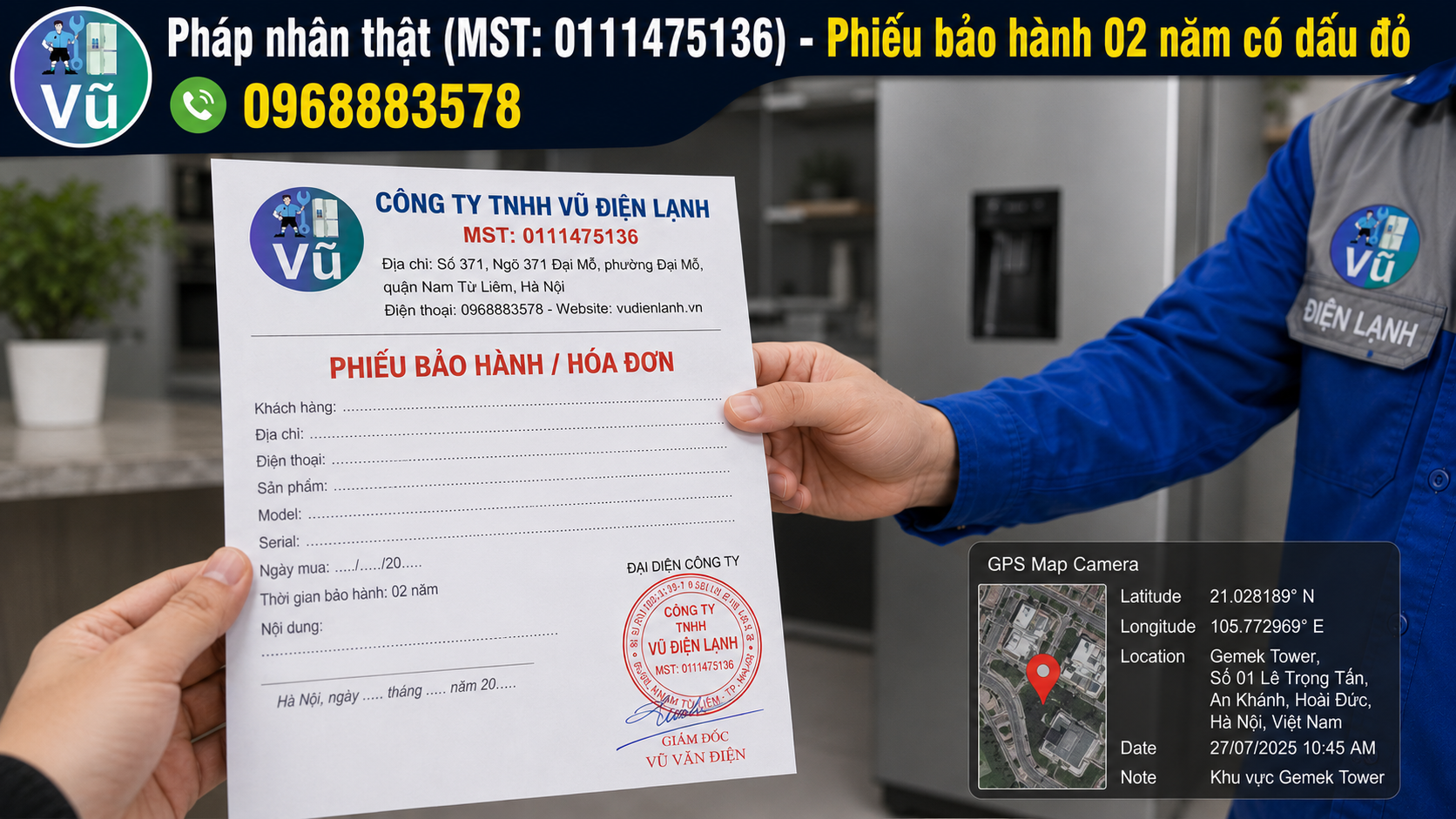 Khách hàng nhận phiếu bảo hành 02 năm có đóng dấu mộc đỏ pháp nhân của Công ty TNHH Vũ Điện Lạnh sau khi sửa xong tủ lạnh.