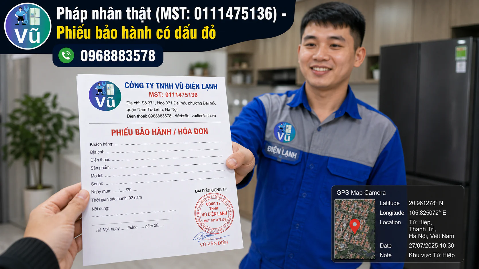 Khách hàng nhận phiếu bảo hành 02 năm có đóng dấu mộc đỏ pháp nhân của Công ty TNHH Vũ Điện Lạnh sau khi sửa xong tủ lạnh.