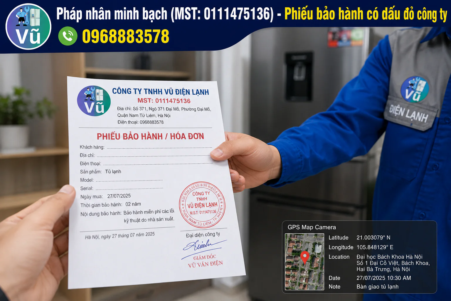 Khách hàng nhận phiếu bảo hành 02 năm có đóng dấu mộc đỏ pháp nhân của Công ty TNHH Vũ Điện Lạnh sau khi sửa xong.