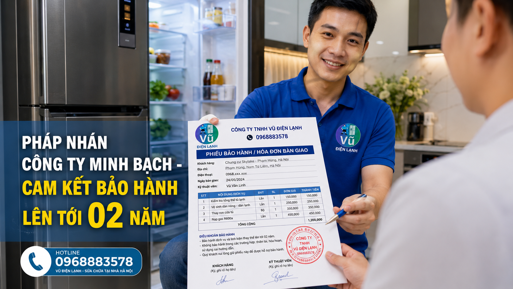 Khách hàng nhận phiếu bảo hành sửa tủ lạnh có dấu đỏ pháp nhân của Công ty TNHH Vũ Điện Lạnh.