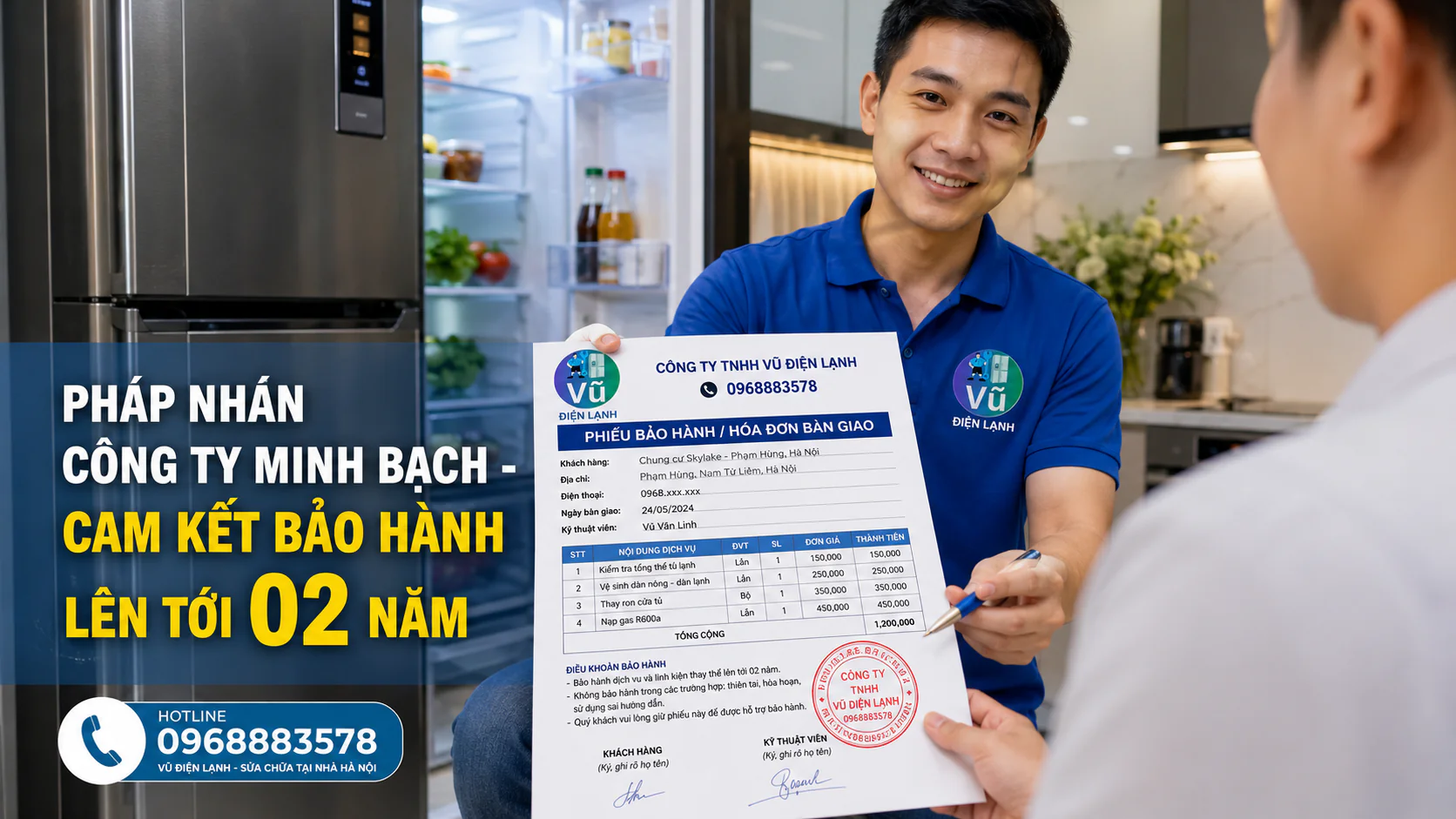 Khách hàng nhận phiếu bảo hành sửa tủ lạnh có dấu đỏ pháp nhân của Công ty TNHH Vũ Điện Lạnh.