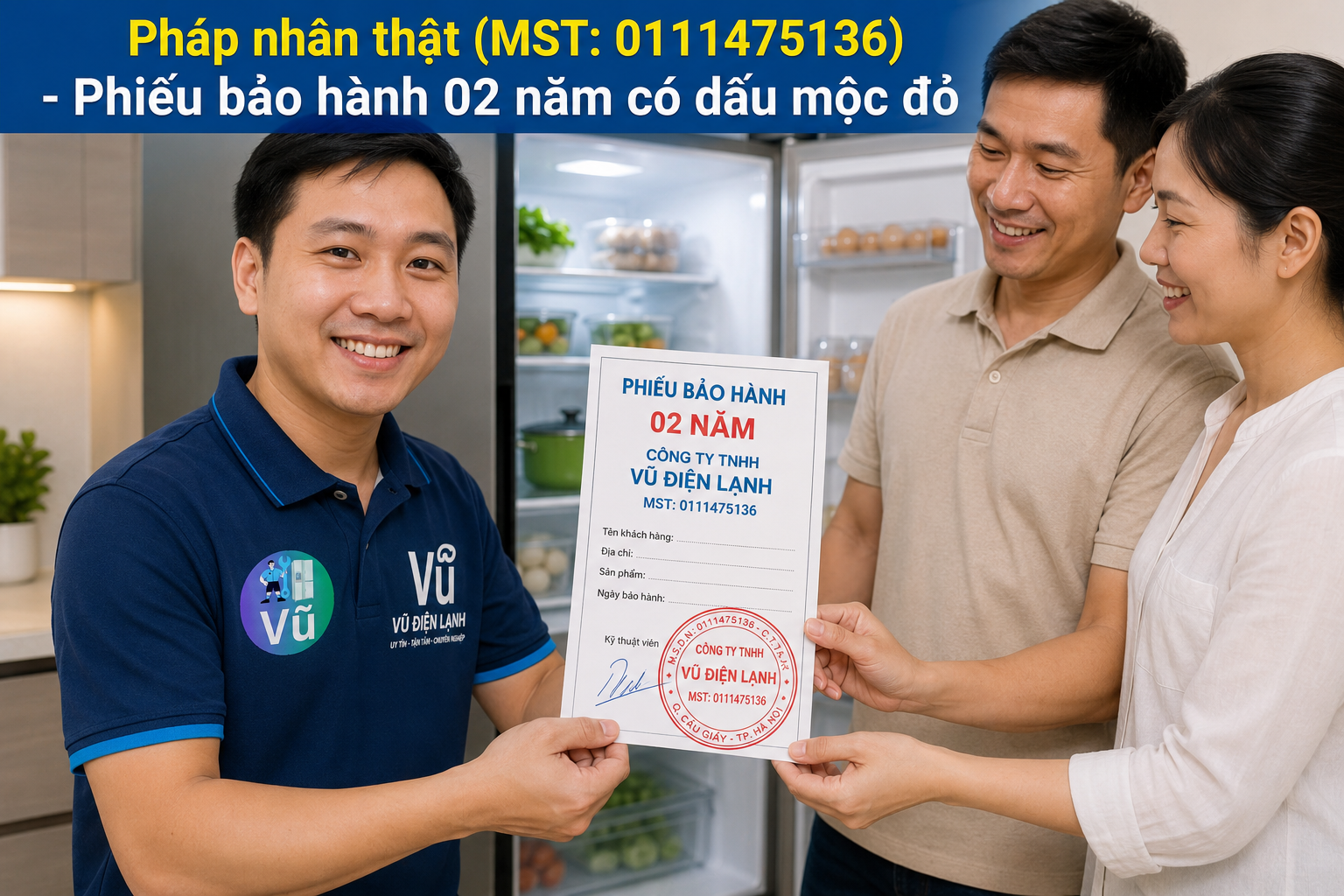 Khách hàng nhận phiếu bảo hành 02 năm có đóng dấu mộc đỏ pháp nhân của Vũ Điện Lạnh sau khi sửa dứt điểm lỗi tủ lạnh đóng tuyết.