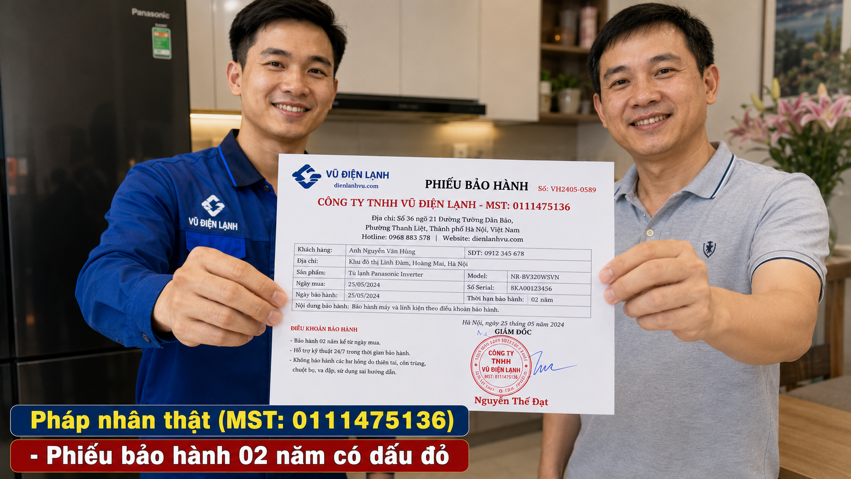 Khách hàng nhận phiếu bảo hành 02 năm có đóng dấu mộc đỏ pháp nhân của Công ty TNHH Vũ Điện Lạnh sau khi sửa xong tủ lạnh Funiki.