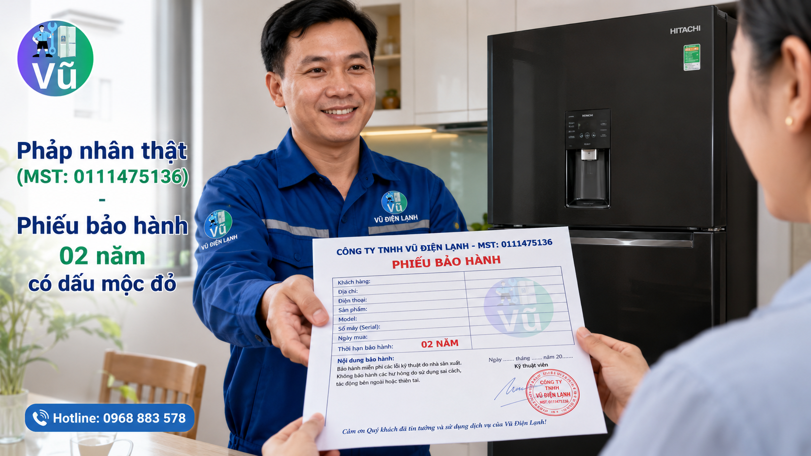 Khách hàng nhận phiếu bảo hành 02 năm có đóng dấu mộc đỏ pháp nhân của Vũ Điện Lạnh sau khi sửa dứt điểm mã lỗi tủ lạnh Hitachi.