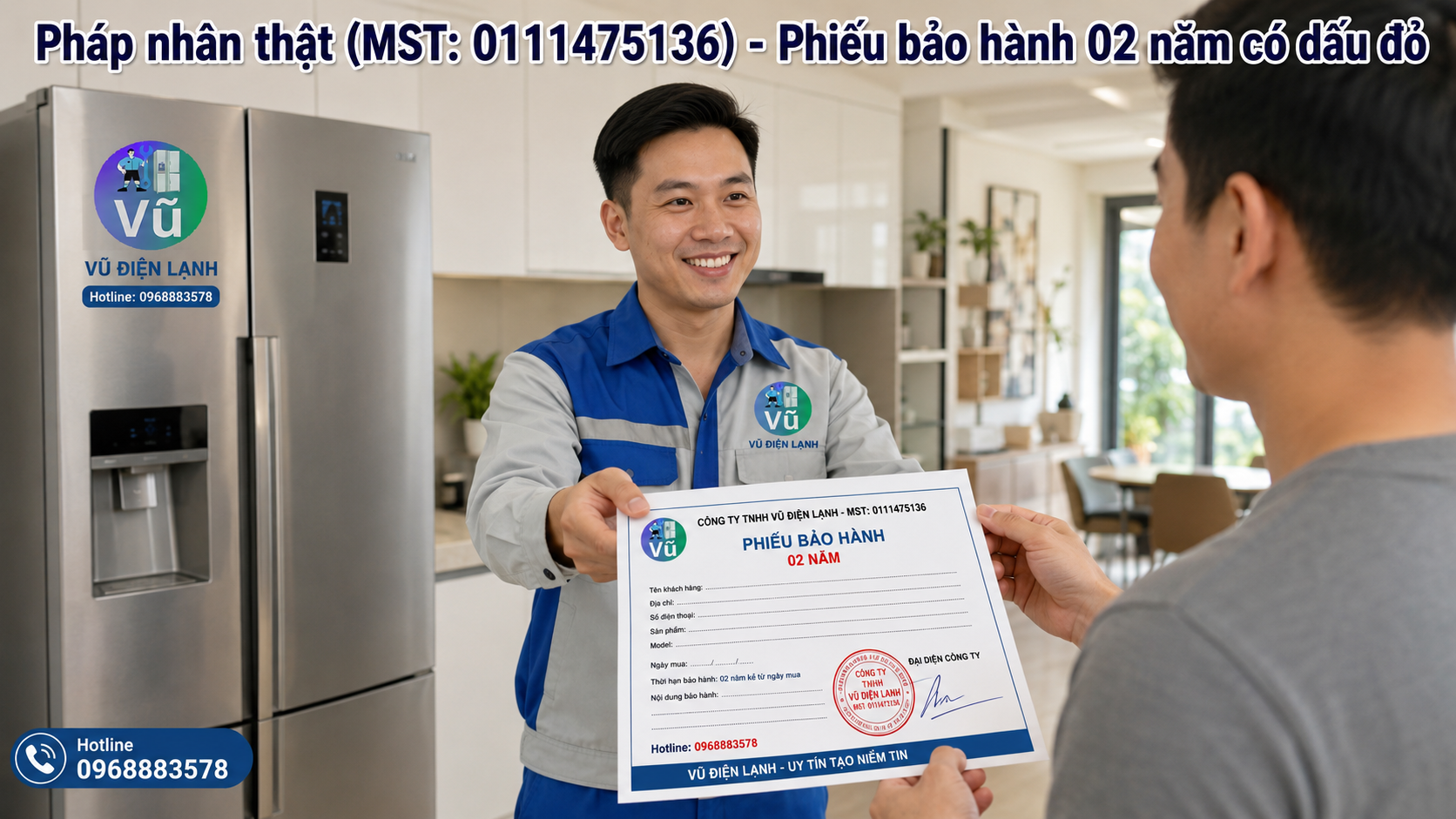 Khách hàng nhận phiếu bảo hành 02 năm có đóng dấu mộc đỏ pháp nhân của Vũ Điện Lạnh sau khi sửa triệt để tủ lạnh kêu to.