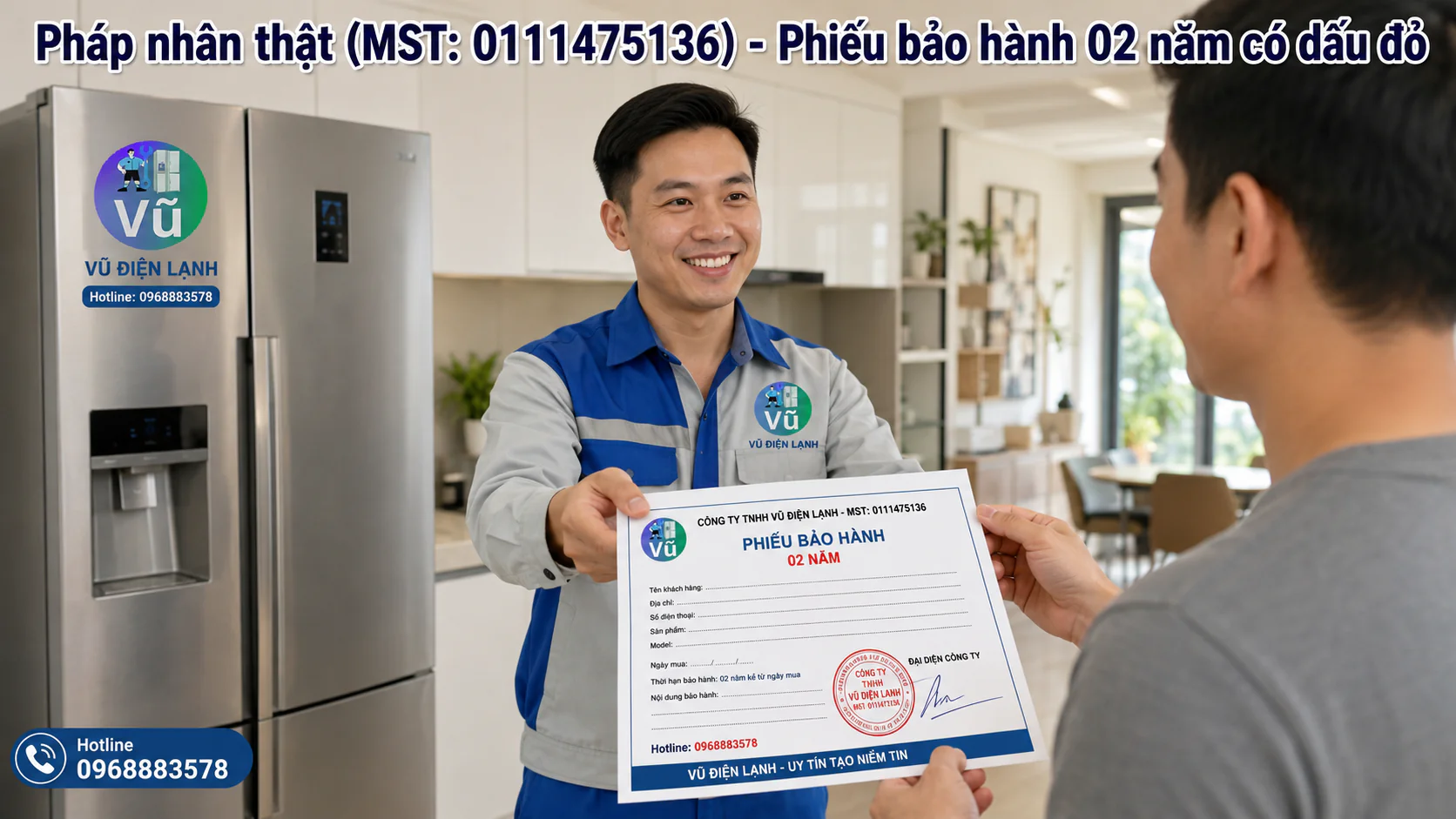 Khách hàng nhận phiếu bảo hành 02 năm có đóng dấu mộc đỏ pháp nhân của Vũ Điện Lạnh sau khi sửa triệt để tủ lạnh kêu to.
