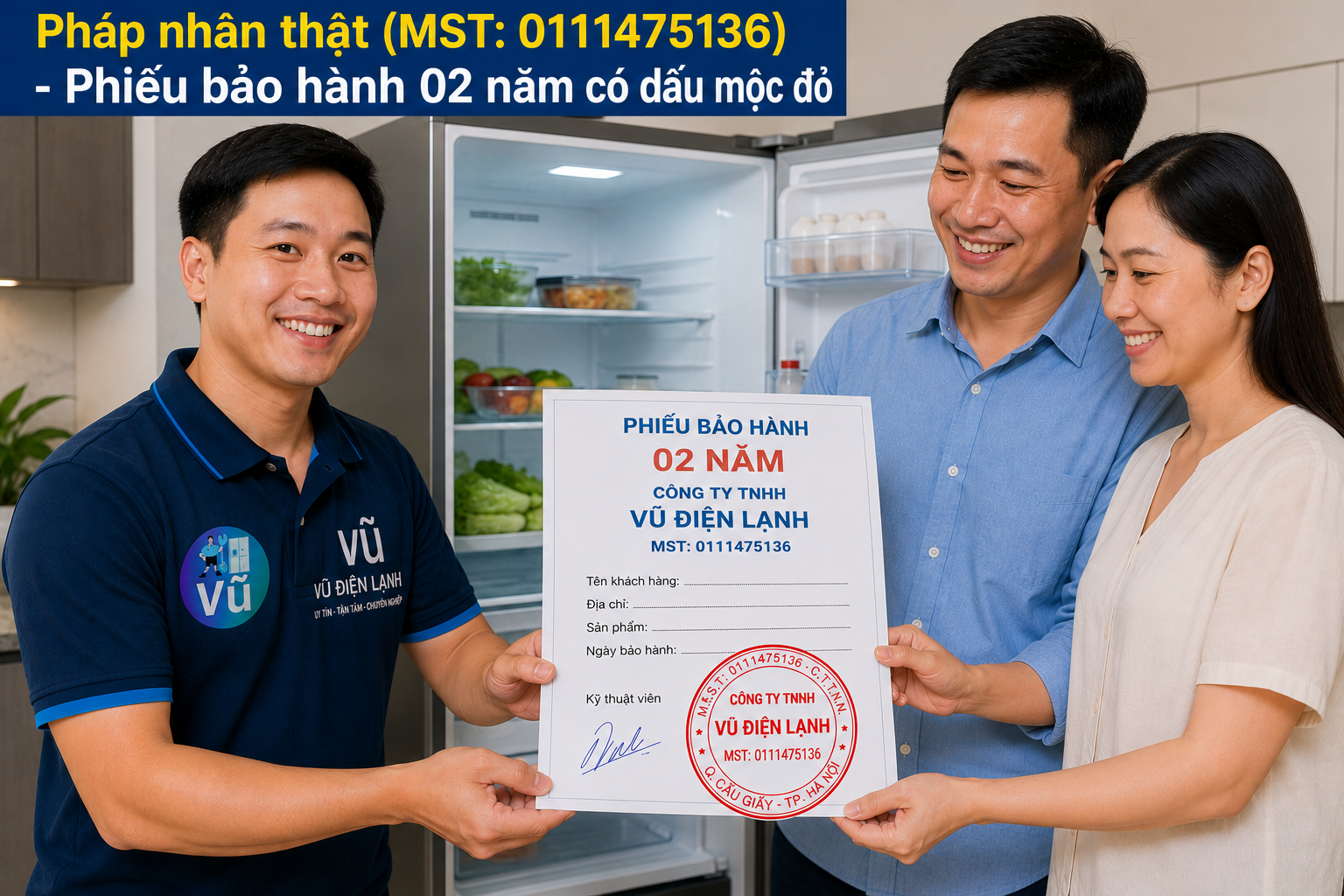 Khách hàng nhận phiếu bảo hành 02 năm có đóng dấu mộc đỏ pháp nhân của Vũ Điện Lạnh sau khi sửa dứt điểm lỗi tủ lạnh không chạy.
