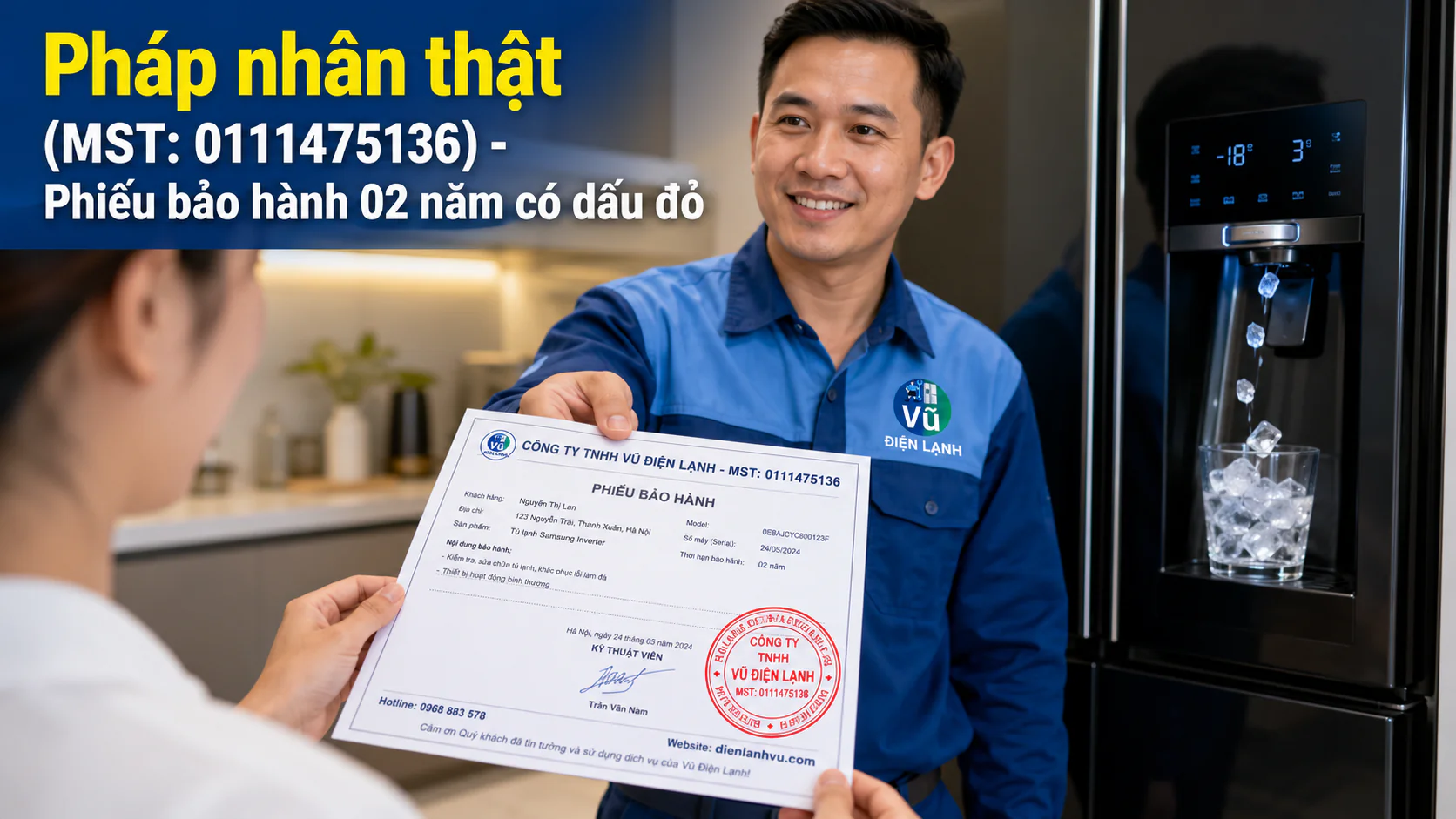 Khách hàng nhận phiếu bảo hành 02 năm có đóng dấu mộc đỏ pháp nhân của Vũ Điện Lạnh sau khi sửa dứt điểm lỗi tủ lạnh không đổ đá.