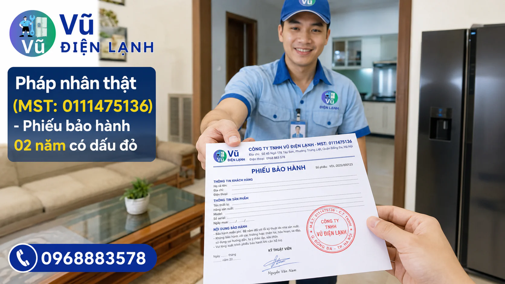 Khách hàng nhận phiếu bảo hành 02 năm có đóng dấu mộc đỏ pháp nhân của Công ty TNHH Vũ Điện Lạnh sau khi sửa xong tủ lạnh LG.