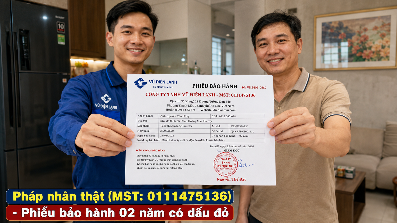 Khách hàng nhận phiếu bảo hành 02 năm có đóng dấu mộc đỏ pháp nhân của Công ty TNHH Vũ Điện Lạnh sau khi sửa xong tủ lạnh Midea.