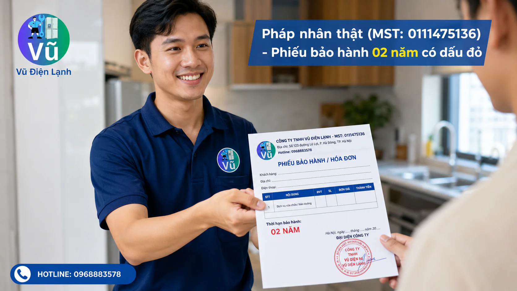 Khách hàng nhận phiếu bảo hành 02 năm có đóng dấu mộc đỏ pháp nhân của Công ty TNHH Vũ Điện Lạnh sau khi sửa xong tủ lạnh nội địa Nhật.