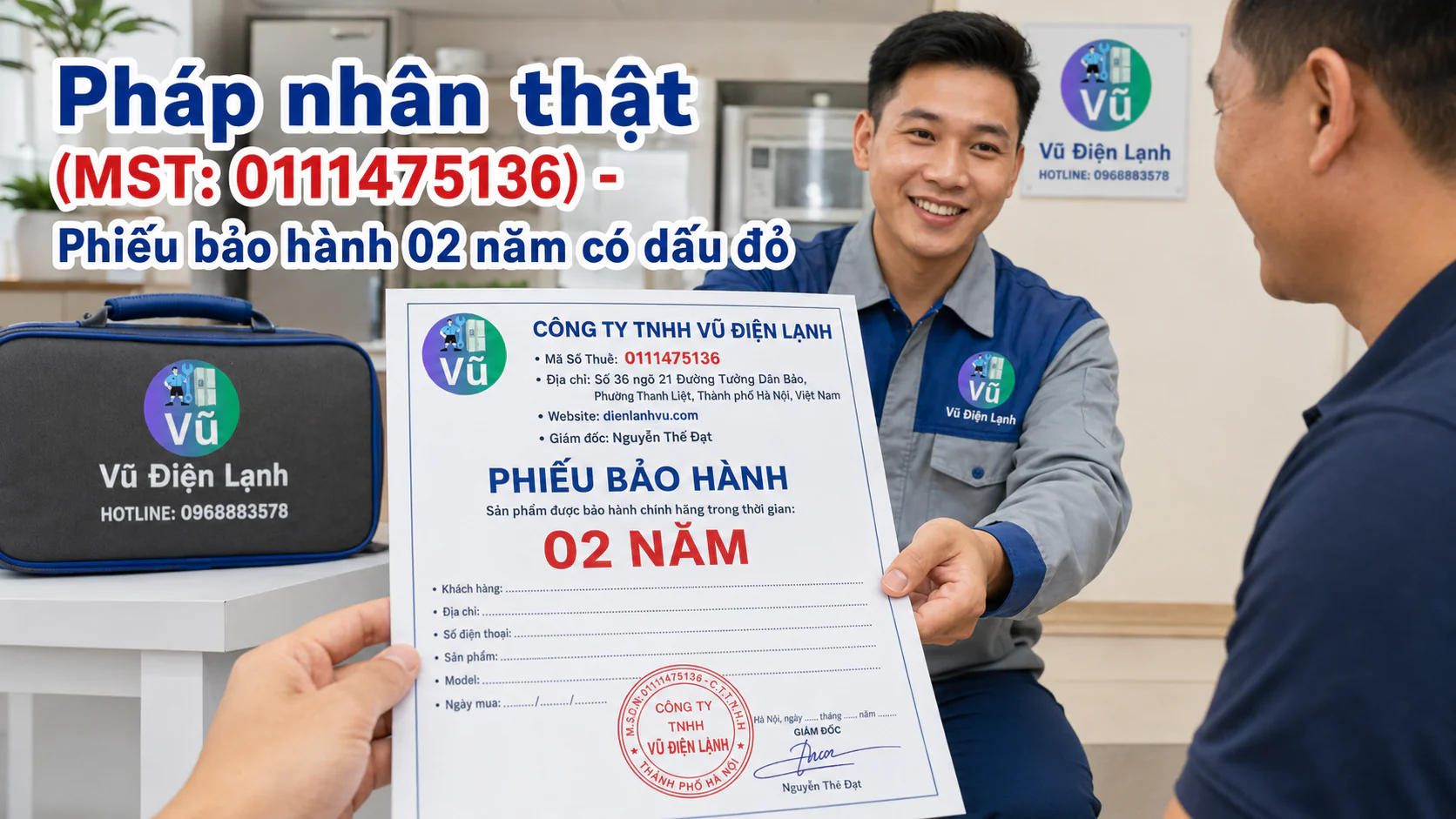 Khách hàng nhận phiếu bảo hành 02 năm có đóng dấu mộc đỏ pháp nhân của Công ty TNHH Vũ Điện Lạnh sau khi sửa xong tủ đông Sanaky.