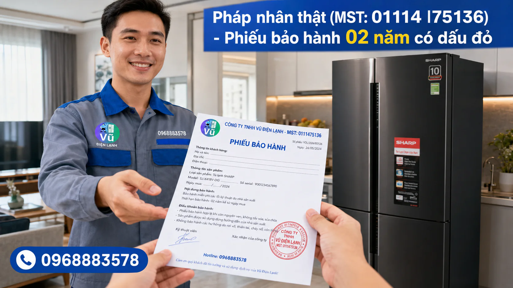 Khách hàng vui vẻ nhận phiếu bảo hành 02 năm có đóng dấu mộc đỏ pháp nhân của Công ty TNHH Vũ Điện Lạnh sau khi sửa xong tủ lạnh Sharp.