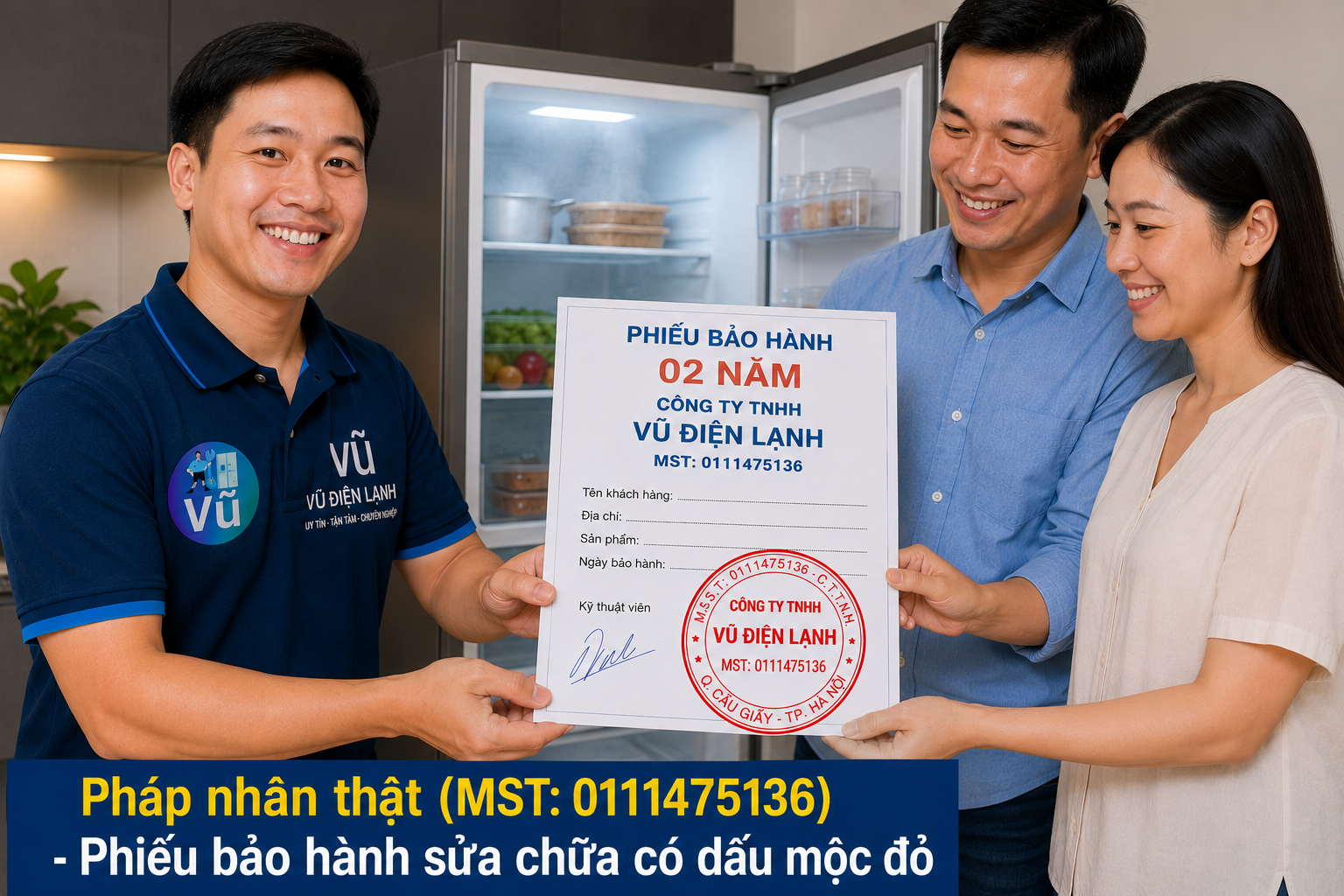 Khách hàng nhận phiếu bảo hành có đóng dấu mộc đỏ pháp nhân của Vũ Điện Lạnh sau khi sửa dứt điểm lỗi tủ lạnh tắc ẩm.