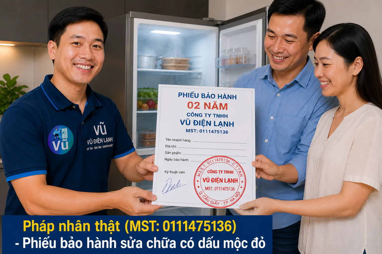 Khách hàng nhận phiếu bảo hành có đóng dấu mộc đỏ pháp nhân của Vũ Điện Lạnh sau khi sửa dứt điểm lỗi tủ lạnh tắc ẩm.