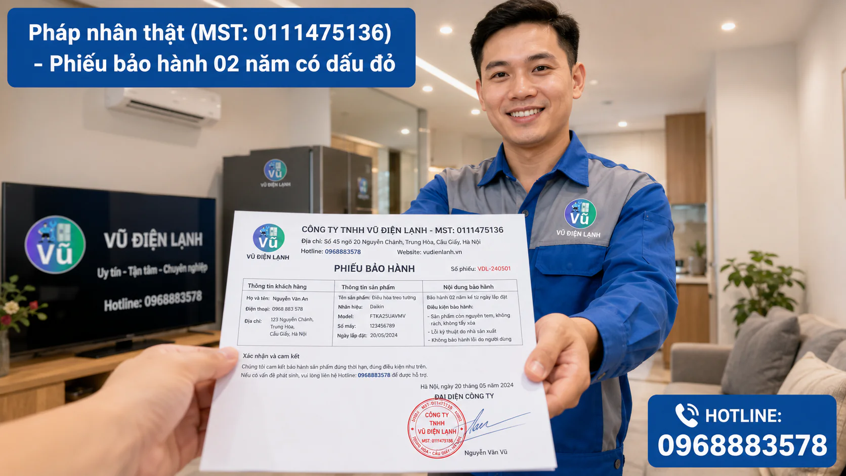 Khách hàng nhận phiếu bảo hành 02 năm có đóng dấu mộc đỏ pháp nhân của Công ty TNHH Vũ Điện Lạnh sau khi sửa xong tủ lạnh Toshiba.
