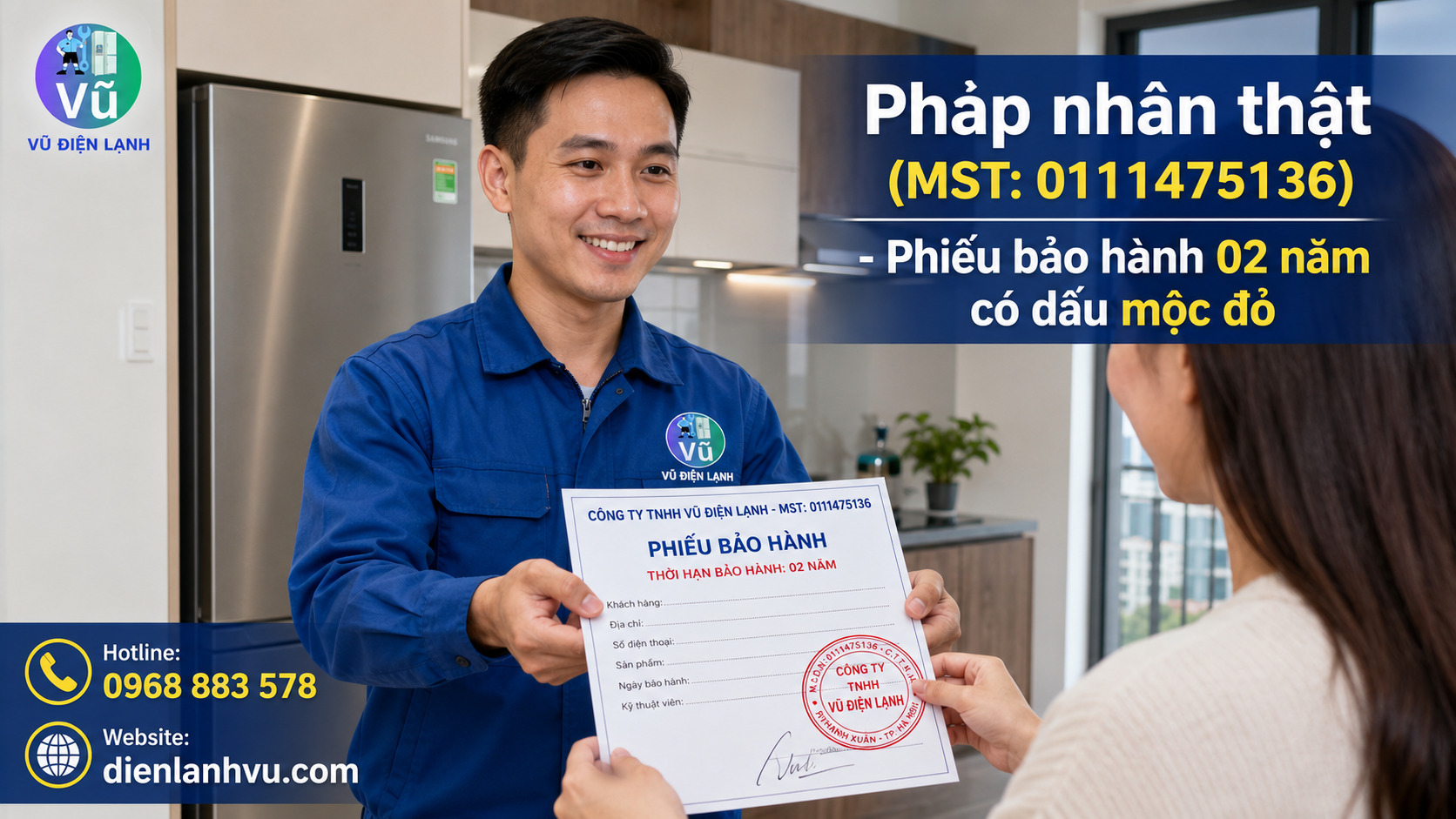 Khách hàng nhận phiếu bảo hành 02 năm có đóng dấu mộc đỏ pháp nhân của Vũ Điện Lạnh sau khi thay gioăng tủ lạnh tại nhà.
