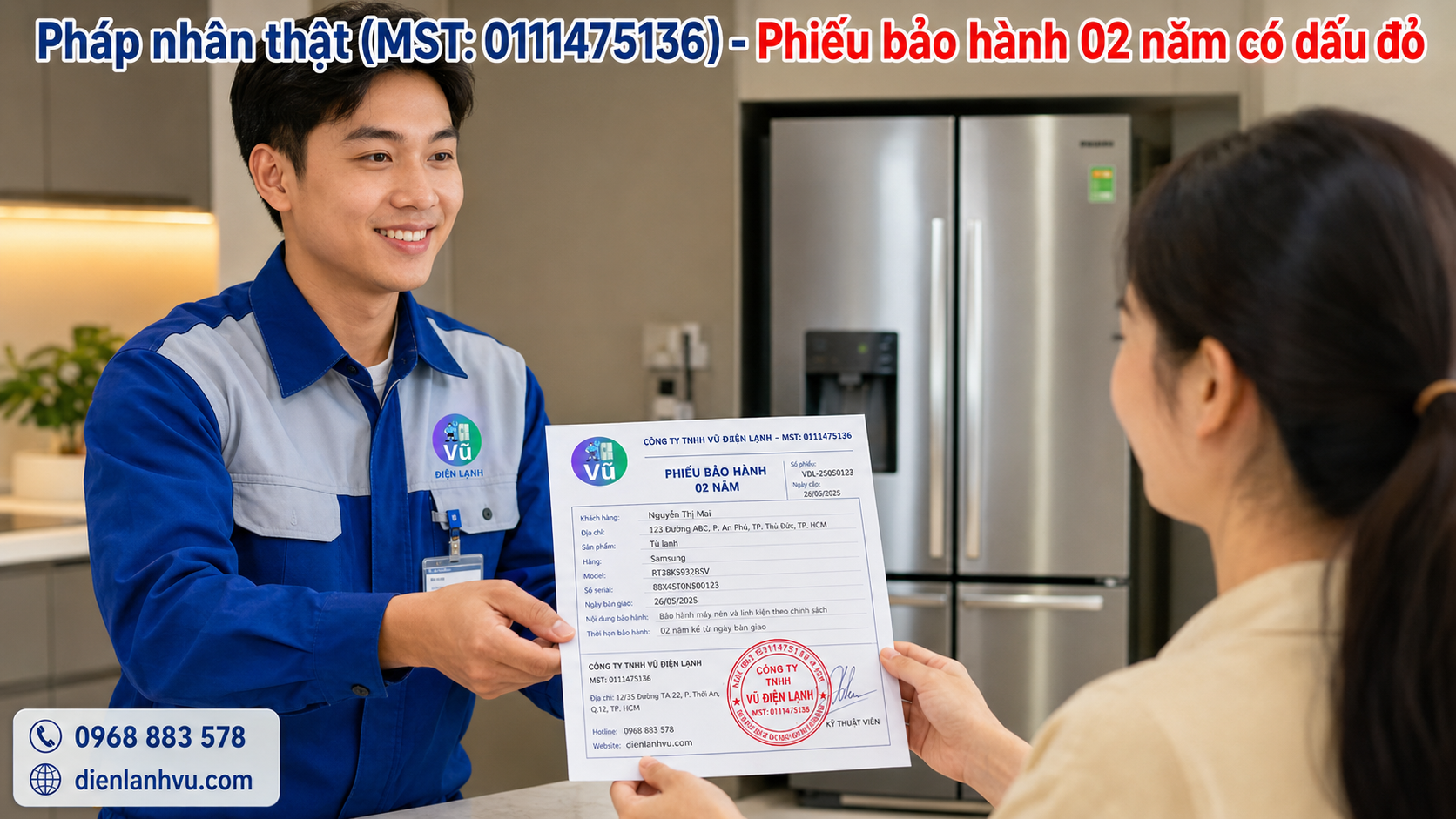Khách hàng nhận phiếu bảo hành 02 năm có đóng dấu mộc đỏ pháp nhân của Vũ Điện Lạnh sau khi thay quạt gió tủ lạnh tại nhà.