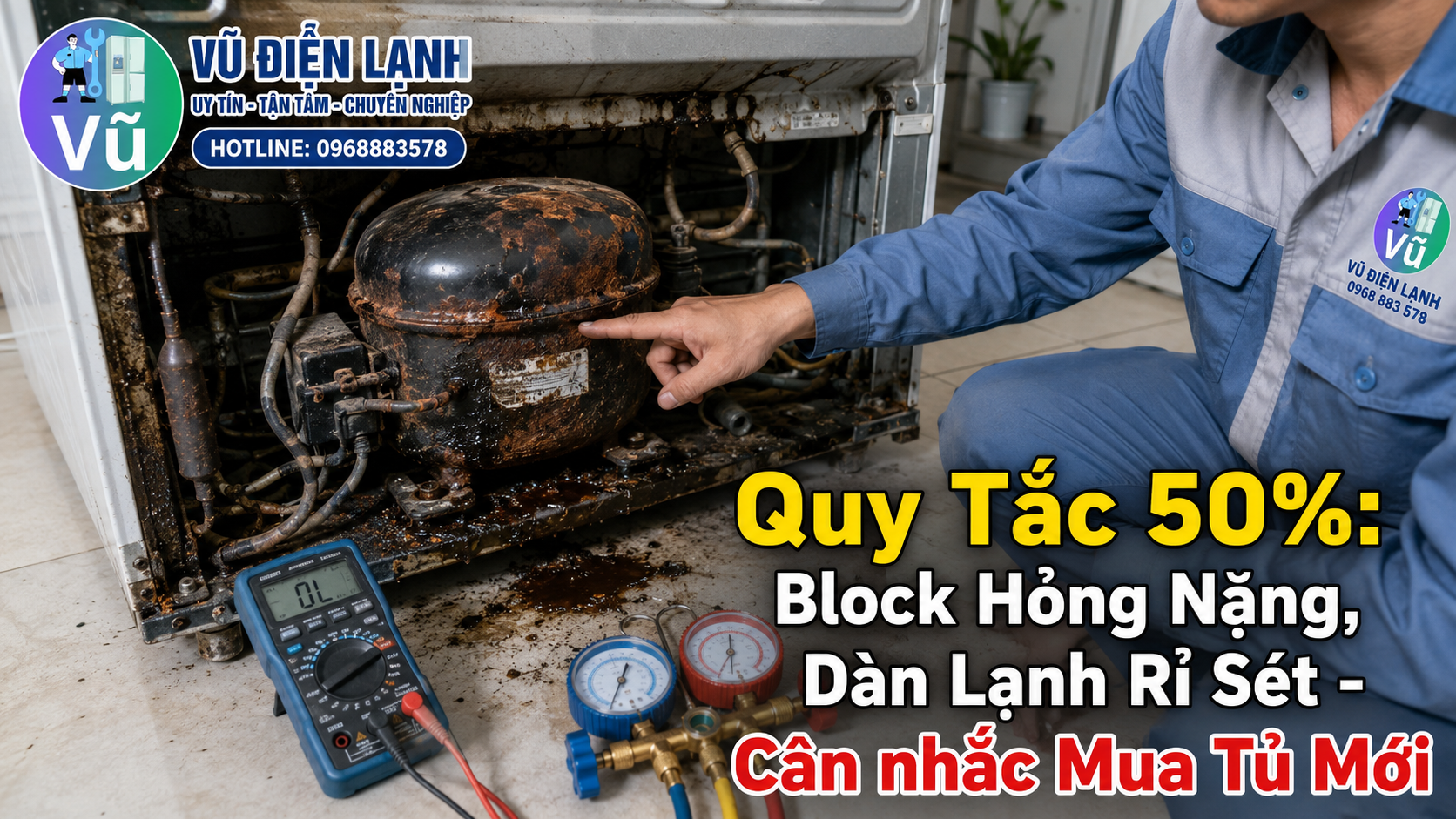 Kỹ thuật viên kiểm tra máy nén tủ lạnh bị rỉ sét nặng và áp dụng quy tắc 50% để khuyên khách hàng mua tủ mới.