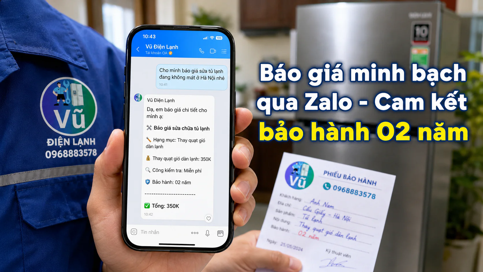 Quy trình báo giá sửa tủ lạnh chi tiết và minh bạch qua tin nhắn Zalo của Vũ Điện Lạnh.