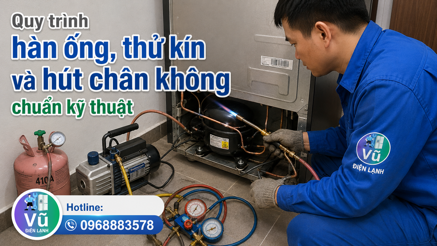 Kỹ thuật viên thực hiện công đoạn hàn nối đường ống đồng cực kỳ cẩn thận khi thay block tủ lạnh mới tại nhà khách hàng.