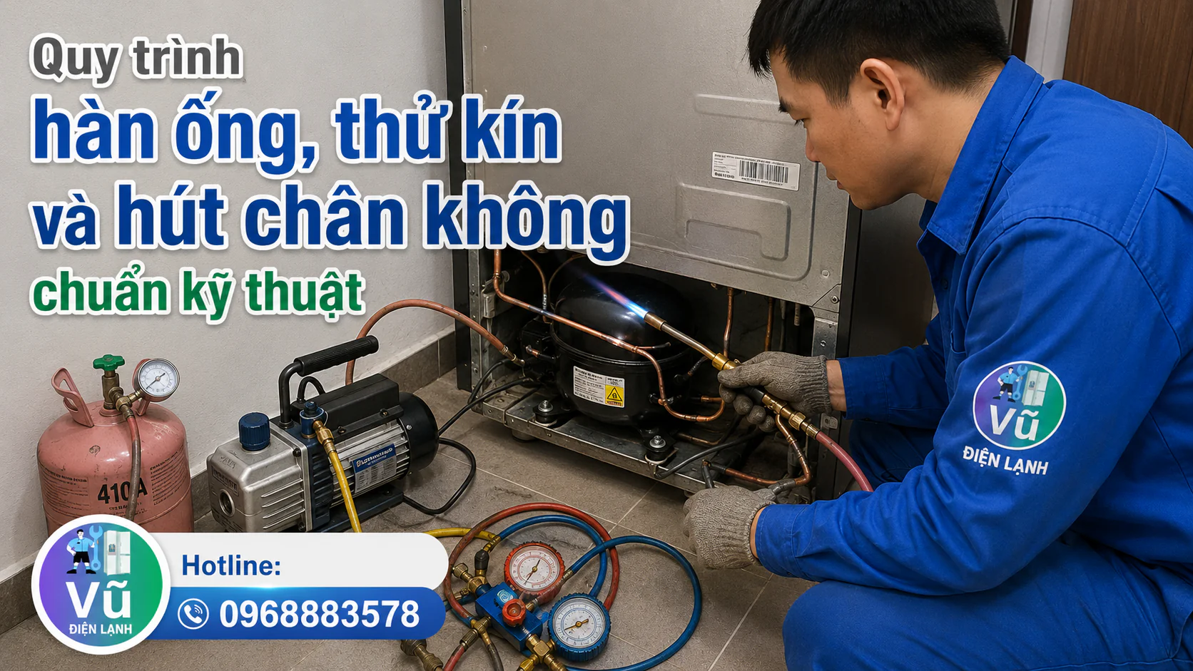 Kỹ thuật viên thực hiện công đoạn hàn nối đường ống đồng cực kỳ cẩn thận khi thay block tủ lạnh mới tại nhà khách hàng.