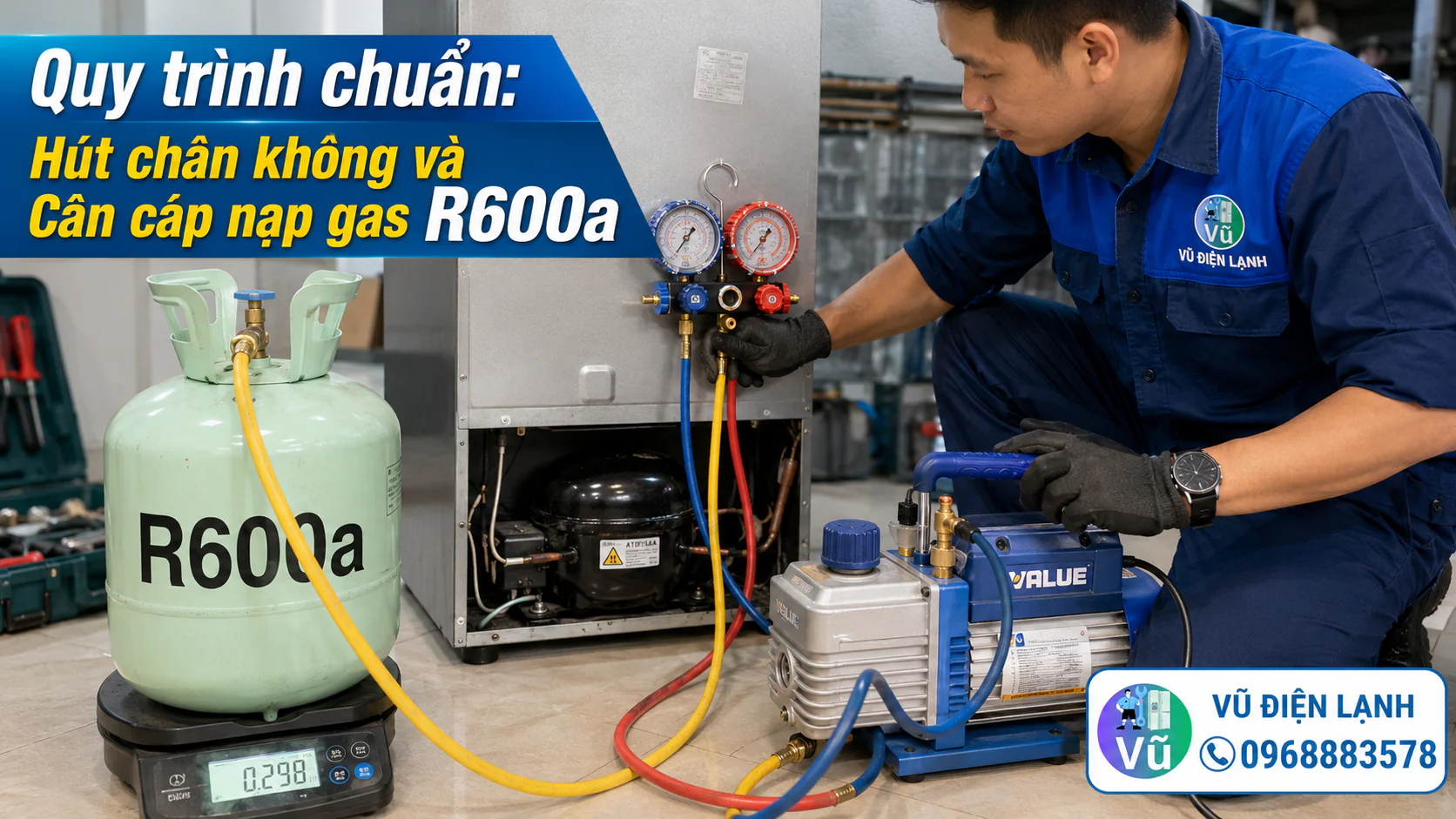 Bơm ga tủ lạnh Inverter bằng gas R600a bắt buộc phải trải qua bước hút chân không toàn bộ hệ thống bằng máy chuyên dụng.