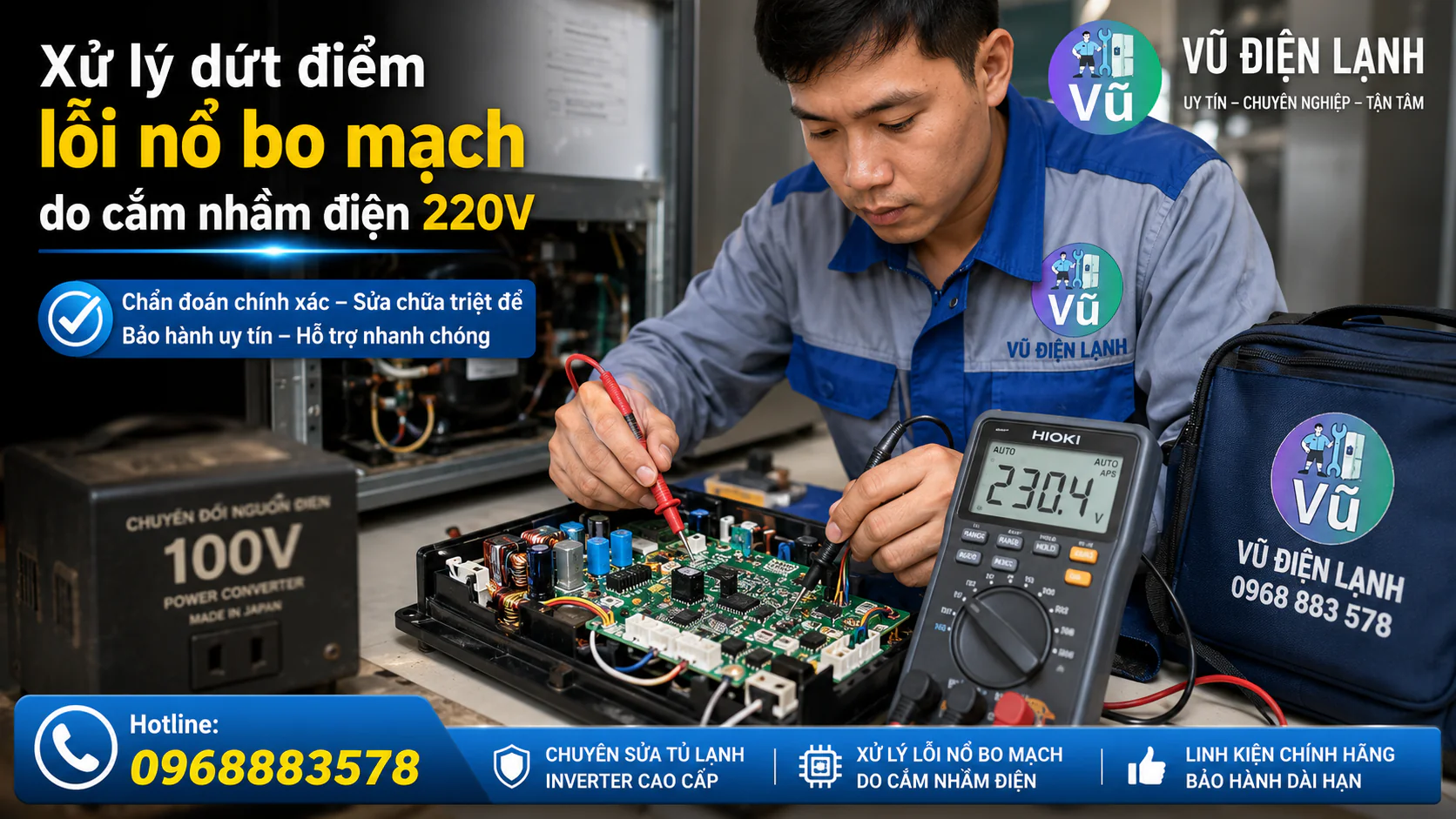 Kỹ thuật viên sử dụng đồng hồ vạn năng kiểm tra sửa chữa bo mạch tủ lạnh nội địa Nhật bị nổ chập do cắm nhầm điện 220V.