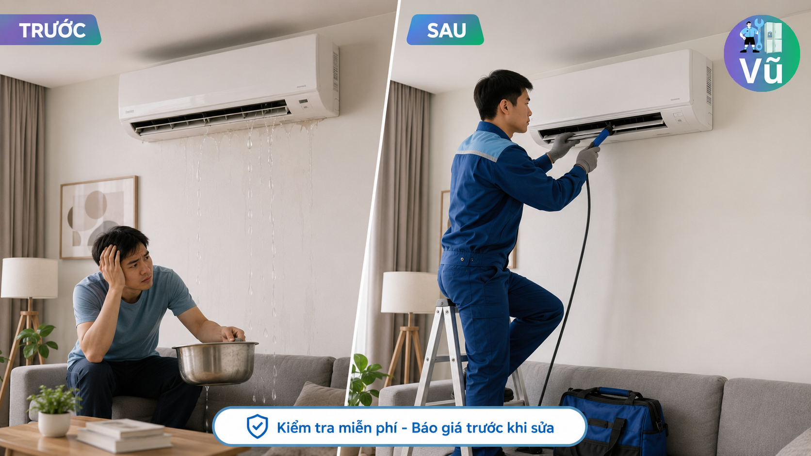 Thợ Vũ Điện Lạnh đang xử lý lỗi điều hòa chảy nước do tắc máng thoát tại nhà khách hàng ở Minh Khai, Hai Bà Trưng.