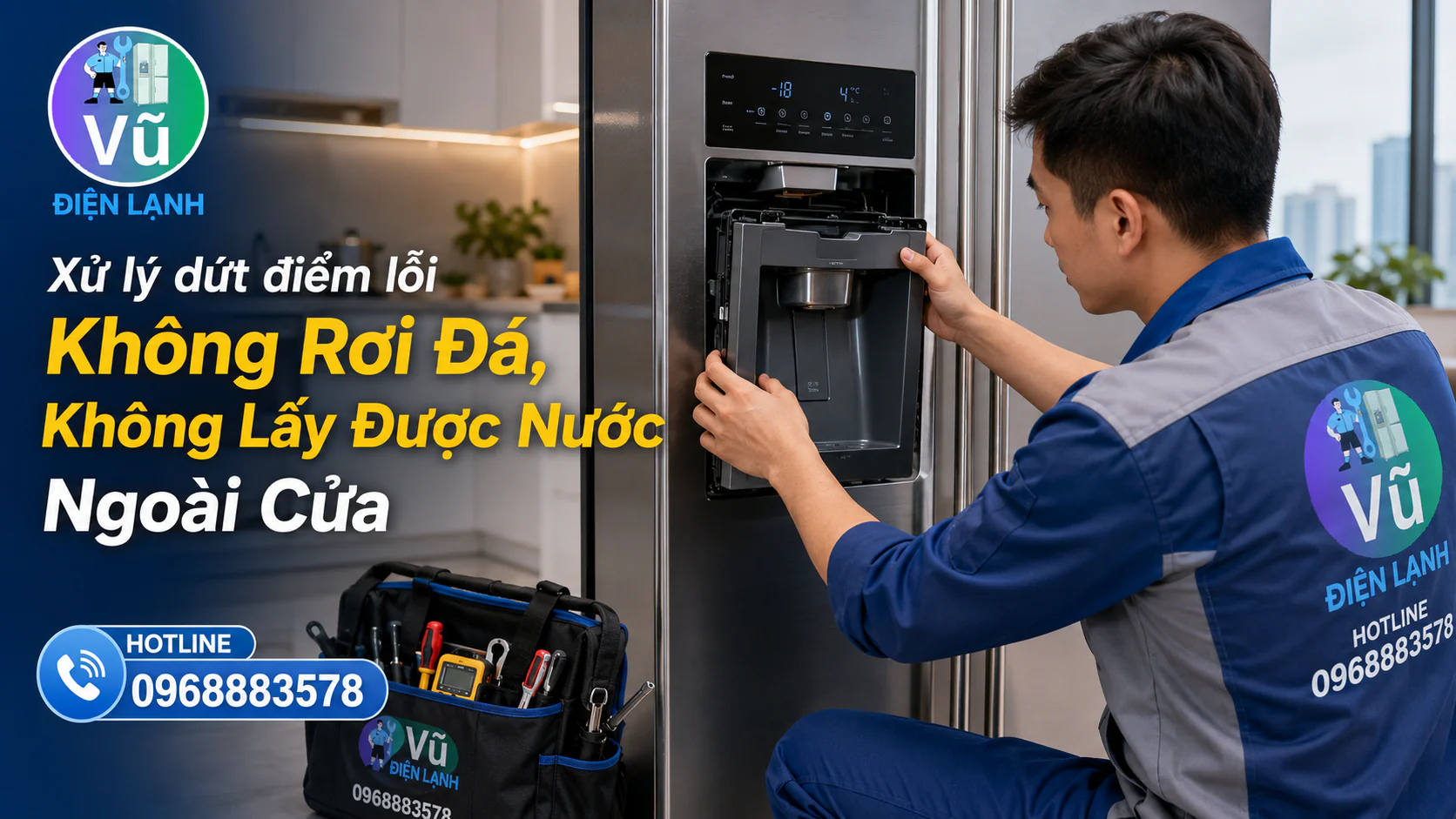 Kỹ thuật viên kiểm tra và sửa chữa hệ thống motor làm đá tự động, bơm cấp nước trên tủ lạnh Side by Side.