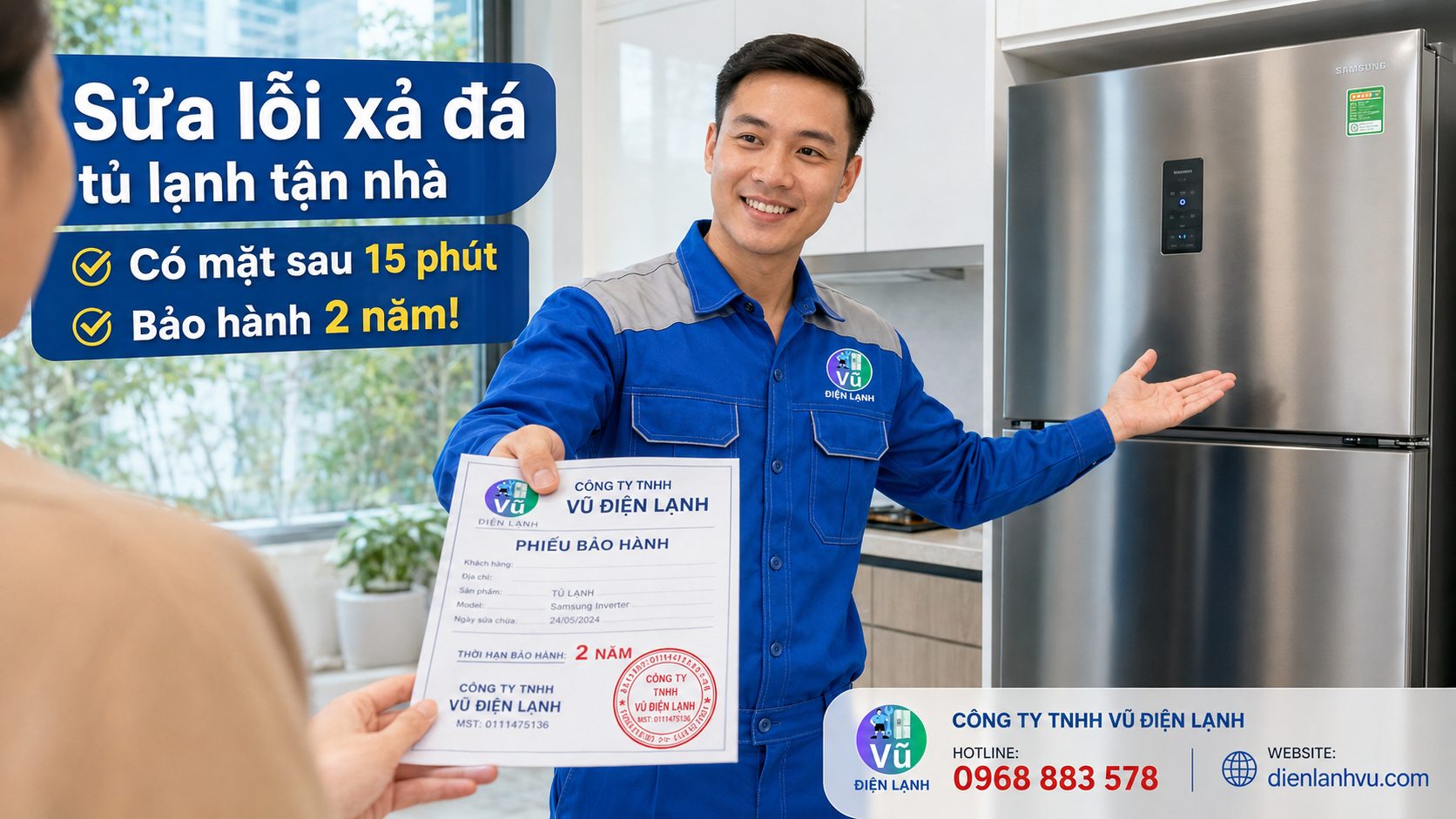 Dịch vụ sửa chữa hệ thống xả đá tủ lạnh tại nhà của công ty Vũ Điện Lạnh, thợ có mặt sau 15 phút, xuất phiếu bảo hành 2 năm.