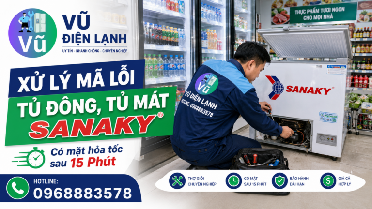 Kỹ thuật viên Vũ Điện Lạnh có mặt hỏa tốc sau 15 phút để kiểm tra và xử lý mã lỗi tủ đông Sanaky cho hệ thống hàng quán tại Hà Nội.