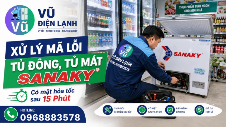 Kỹ thuật viên Vũ Điện Lạnh có mặt hỏa tốc sau 15 phút để kiểm tra và xử lý mã lỗi tủ đông Sanaky cho hệ thống hàng quán tại Hà Nội.