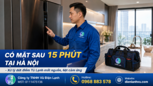 Kỹ thuật viên Vũ Điện Lạnh có mặt sau 15 phút để kiểm tra bảng điều khiển cảm ứng tủ lạnh bị liệt phím và mất nguồn tại nhà khách hàng Hà Nội.