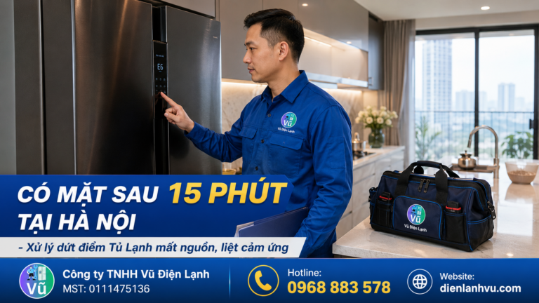 Kỹ thuật viên Vũ Điện Lạnh có mặt sau 15 phút để kiểm tra bảng điều khiển cảm ứng tủ lạnh bị liệt phím và mất nguồn tại nhà khách hàng Hà Nội.