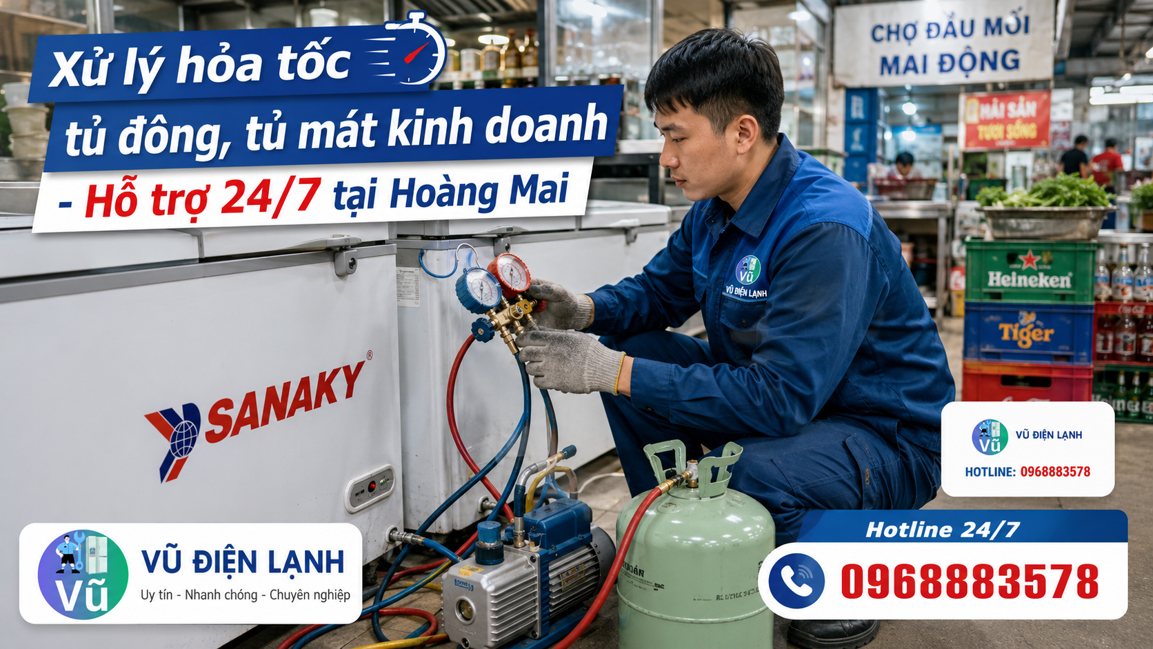 Dịch vụ sửa chữa hỏa tốc tủ đông, tủ mát công suất lớn cho các cửa hàng và nhà hàng khu vực chợ đầu mối Hoàng Mai.