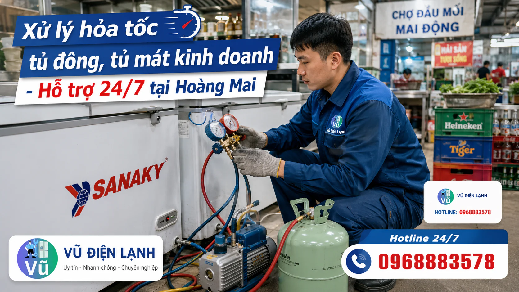 Dịch vụ sửa chữa hỏa tốc tủ đông, tủ mát công suất lớn cho các cửa hàng và nhà hàng khu vực chợ đầu mối Hoàng Mai.